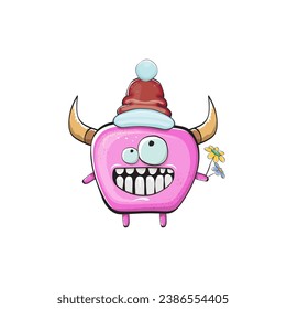 Vector cartoon funky pink monster with Santa Claus red hat isolated on white background. Funny and cute Childrens Merry Christmas greeting card with funny PINK monster elf Santa Claus character.