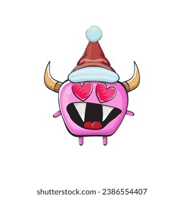 Vector cartoon funky pink monster with Santa Claus red hat isolated on white background. Funny and cute Childrens Merry Christmas greeting card with funny PINK monster elf Santa Claus character.