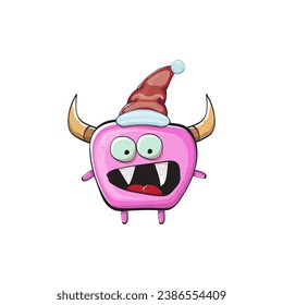 Vector cartoon funky pink monster with Santa Claus red hat isolated on white background. Funny and cute Childrens Merry Christmas greeting card with funny PINK monster elf Santa Claus character.