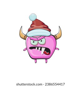 Vector cartoon funky pink monster with Santa Claus red hat isolated on white background. Funny and cute Childrens Merry Christmas greeting card with funny PINK monster elf Santa Claus character.