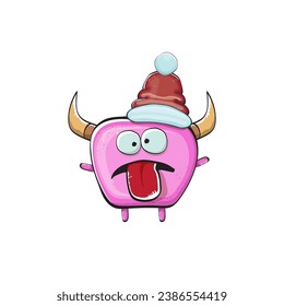 Vector cartoon funky pink monster with Santa Claus red hat isolated on white background. Funny and cute Childrens Merry Christmas greeting card with funny PINK monster elf Santa Claus character.