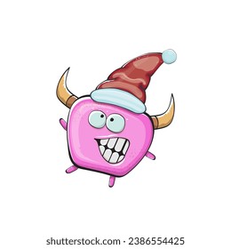 Vector cartoon funky pink monster with Santa Claus red hat isolated on white background. Funny and cute Childrens Merry Christmas greeting card with funny PINK monster elf Santa Claus character.