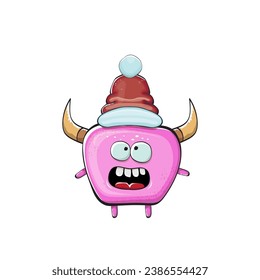 Vector cartoon funky pink monster with Santa Claus red hat isolated on white background. Funny and cute Childrens Merry Christmas greeting card with funny PINK monster elf Santa Claus character.