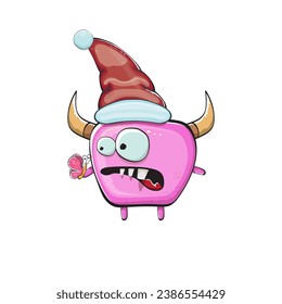 Vector cartoon funky pink monster with Santa Claus red hat isolated on white background. Funny and cute Childrens Merry Christmas greeting card with funny PINK monster elf Santa Claus character.