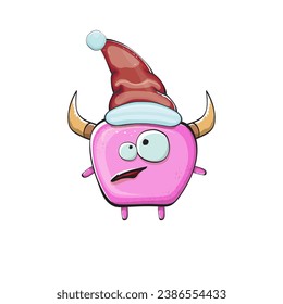 Vector cartoon funky pink monster with Santa Claus red hat isolated on white background. Funny and cute Childrens Merry Christmas greeting card with funny PINK monster elf Santa Claus character.