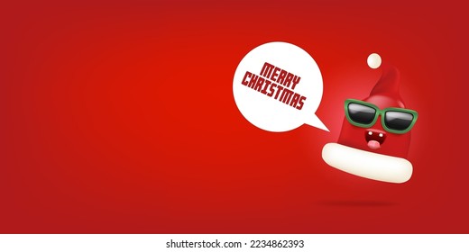 Vector cartoon funky Santa Claus red hat character with sunglasses and speech bubble isolated on red Christmas background. Merry Christmas greeting card, poster and banner with funny Santa Claus hat