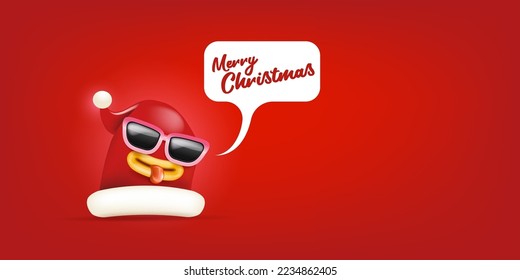 Vector cartoon funky Santa Claus red hat character with sunglasses and speech bubble isolated on red Christmas background. Merry Christmas greeting card, poster and banner with funny Santa Claus hat