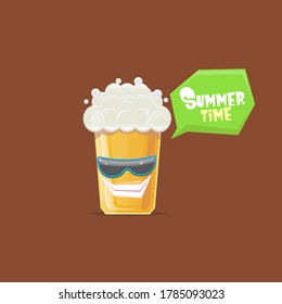 vector cartoon funky smiling beer glass character with sunglasses isolated on brown background. Vector funny beer label or poster design template. International beer day cartoon comic poster or banner