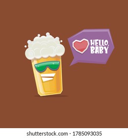 vector cartoon funky smiling beer glass character with sunglasses isolated on brown background. Vector funny beer label or poster design template. International beer day cartoon comic poster or banner