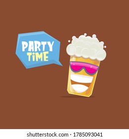 vector cartoon funky smiling beer glass character with sunglasses isolated on brown background. Vector funny beer label or poster design template. International beer day cartoon comic poster or banner