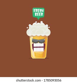 vector cartoon funky smiling beer glass character with sunglasses isolated on brown background. Vector funny beer label or poster design template. International beer day cartoon comic poster or banner