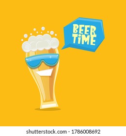 vector cartoon funky smiling beer glass character with sunglasses isolated on orangebackground. Vector funny beer label or poster design template. International beer day cartoon comic poster or banner