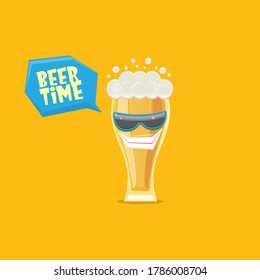 vector cartoon funky smiling beer glass character with sunglasses isolated on orangebackground. Vector funny beer label or poster design template. International beer day cartoon comic poster or banner