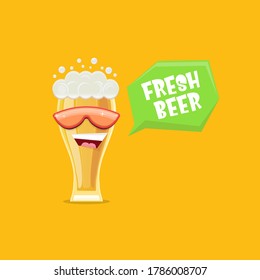 vector cartoon funky smiling beer glass character with sunglasses isolated on orangebackground. Vector funny beer label or poster design template. International beer day cartoon comic poster or banner