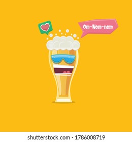 vector cartoon funky smiling beer glass character with sunglasses isolated on orangebackground. Vector funny beer label or poster design template. International beer day cartoon comic poster or banner