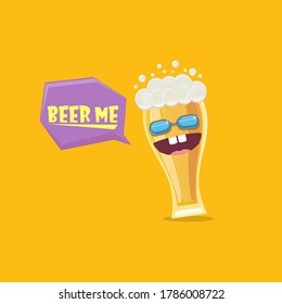 vector cartoon funky smiling beer glass character with sunglasses isolated on orangebackground. Vector funny beer label or poster design template. International beer day cartoon comic poster or banner