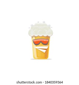 vector cartoon funky smiling beer glass character with sunglasses isolated on white background. Vector funny beer label or poster design template. International beer day cartoon comic poster or banner