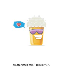 vector cartoon funky smiling beer glass character with sunglasses isolated on white background. Vector funny beer label or poster design template. International beer day cartoon comic poster or banner