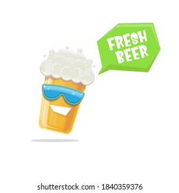 vector cartoon funky smiling beer glass character with sunglasses isolated on white background. Vector funny beer label or poster design template. International beer day cartoon comic poster or banner