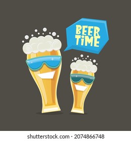 vector cartoon funky smiling beer glass character with sunglasses isolated on grey background. Vector funny beer label or poster design template. International beer day cartoon comic poster or banner