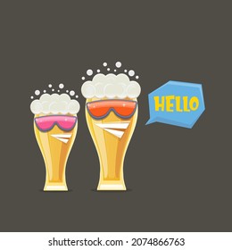 vector cartoon funky smiling beer glass character with sunglasses isolated on grey background. Vector funny beer label or poster design template. International beer day cartoon comic poster or banner