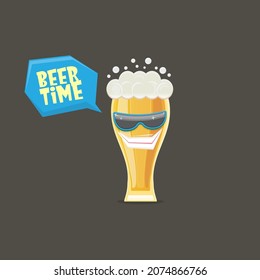 vector cartoon funky smiling beer glass character with sunglasses isolated on grey background. Vector funny beer label or poster design template. International beer day cartoon comic poster or banner