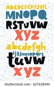 Vector desenho animado ABC engraçado de fonte grunge em cores diferentes com textura vintage para o seu design, cartazes e letras. letras maiúsculas latinas e minúsculas.