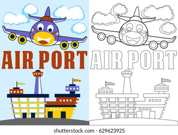 cartografía vectorial del aterrizaje de avión en el aeropuerto, página de color o libro