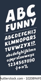 Vector cartoon Funny Alphabet. Cute cartoon alphabetic letters in white on dark background. Bold soft slanted font abc, rounded type for birthday greeting, cards, educational posters.