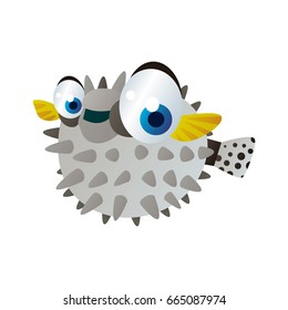 vector cartoon funny animal illustration. Coral exotic fish. Pufferfish