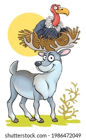 Vector cartoon funny animals. A cute deer with a large nest and an eagle on the horns. Children's illustration.