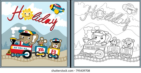 Vector cartoon of funny animals on steam train, coloring page or book