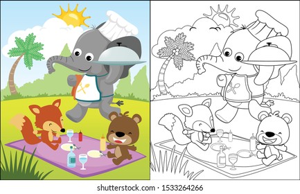 Vector cartoon of funny animals picnic in forest, coloring book or page