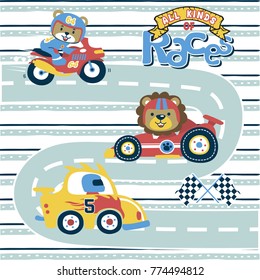 vector cartoon of funny animals with racing vehicles