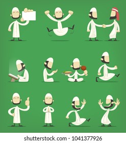 Vector Cartoon Funny Arab Islam Guy Figure in various poses including happy walk thums bup reading quran praying eating iftar interaction and namecard collection set