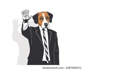 Vector cartoon funny beagle dog in a business formal suit, tie and with his hand raised. Political election banner. White isolated background.