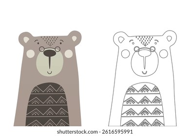 Vector cartoon of funny bear, coloring book or page. Cute scandinavian bear character coloring sheet