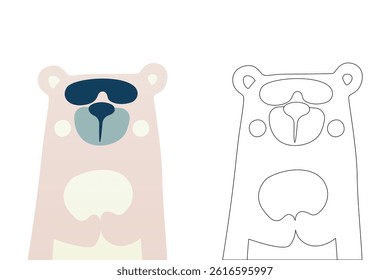 Vector cartoon of funny bear, coloring book or page. Cute scandinavian bear character coloring sheet