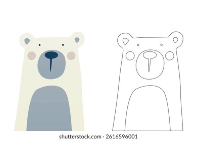 Vector cartoon of funny bear, coloring book or page. Cute scandinavian bear character coloring sheet