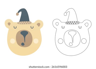 Vector cartoon of funny bear, coloring book or page. Cute scandinavian bear character coloring sheet