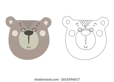 Vector cartoon of funny bear, coloring book or page. Cute scandinavian bear character coloring sheet