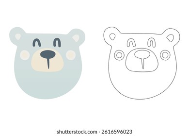 Vector cartoon of funny bear, coloring book or page. Cute scandinavian bear character coloring sheet