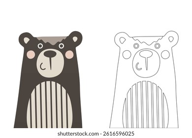 Vector cartoon of funny bear, coloring book or page. Cute scandinavian bear character coloring sheet