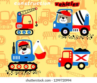 Vector cartoon of funny bear driving construction vehicles on seamless pattern of construction vehicles background