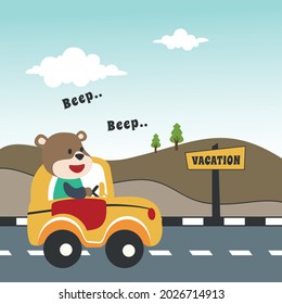 Vector cartoon of funny bear driving car in the road with village landscape. Can be used for t-shirt printing, children wear fashion designs, baby shower invitation cards and other decoration.