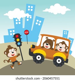 Vector cartoon of funny bear driving car in the road. Can be used for t-shirt printing, children wear fashion designs, baby shower invitation cards and other decoration.