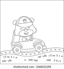Vektorgrafik von lustigen Bärenfahrer Auto in der Straße. Kinderdesign für Kinder Aktivität Farbbuch oder Seite.