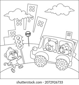 Vector cartoon of funny bear driving car in the road. Childish design for kids activity colouring book or page.