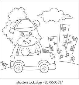 Vector cartoon of funny bear driving car in the road. Childish design for kids activity colouring book or page.