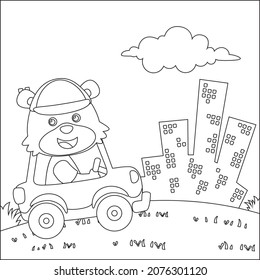 Caricatura vectorial del coche de conducción de oso gracioso en la carretera. Diseño infantil para niños animan libros o páginas coloreadas.